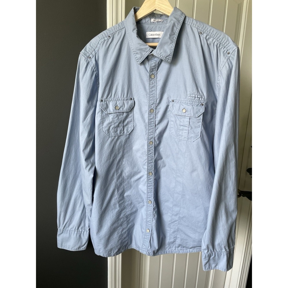 Calvin Klein Military Style Utility Overshirt Slate Blue 100% Cotton Men's XL